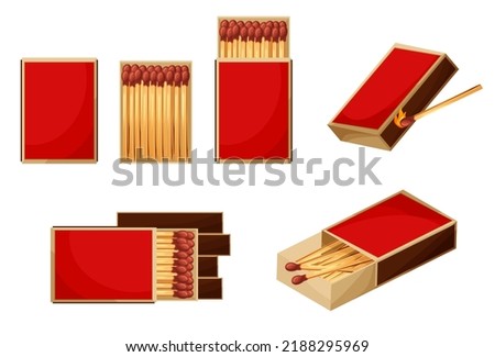 Match box with burnt sticks. Set of matchsticks with sulfur head flaming stages from ignition to extinction. Cartoon spark bonfire vector illustration