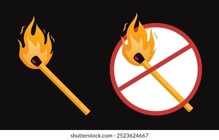 Streichholz Streichholz Streichholz Brandfeuer Flamme Konzept. Grafik-Design-Illustration mit Vektorgrafik-Flachbildschirm