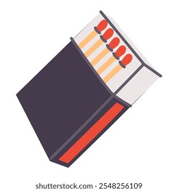 Match box with matchsticks. Open carton pack full of wood sticks with sulphur heads. Fire tool in cardboard package, matchbox. Flat graphic vector illustration isolated on white background