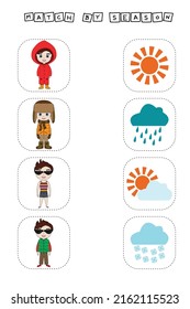 Match the boy in different seasonal clothes with the weather. Children's educational game.