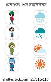 Match the boy in different seasonal clothes with the weather. Children's educational game.