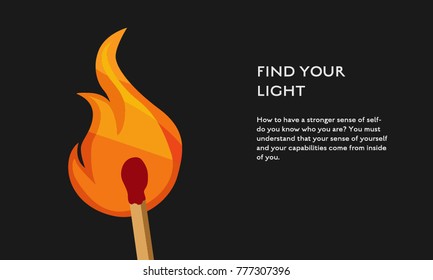 Match burn in fire concept vector flat poster design. Motivational illustration with place for text. 