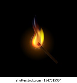 Match burning with fire in the dark on a black background.