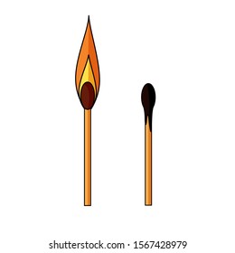 A match with a burning fire and an extinct match.  Cartoon style of lighting matches. Stock vector illustration.