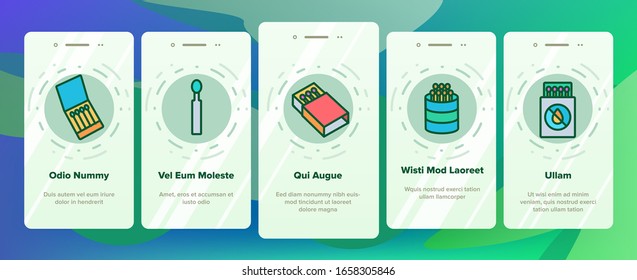 Match Burning Fire Onboarding Icons Set Vector. Burnt Wooden And Sulphur Match And Flame, Box And Package, Matchstick Crossed Mark Illustrations