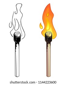 Match burning isolated on white. Vector illustration of lit match color, black and white 