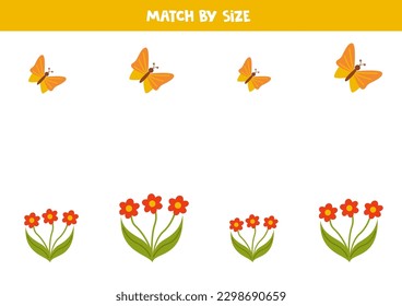 Match butterflies and flowers by size. Educational logical game for kids.