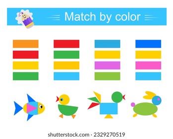 Match by color. Educational game for children. Preschool worksheet activity. Vector illustration.