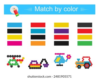 Match by color. Educational game for children. Preschool worksheet activity. Cartoon transport. Vector illustration.