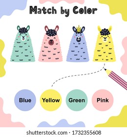 Match by color funny game for kids. Draw line and connect llamas to colors. Educational activity page for toddlers. Vector illustration