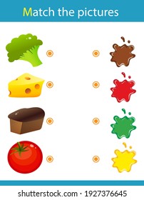 Match by color. Puzzle for kids. Matching game, education game for children. Food. What color are the objects? Worksheet for preschoolers.