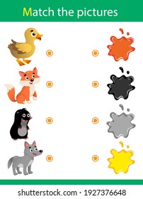 Match by color. Puzzle for kids. Matching game, education game for children. What color are the animals? Fox, wolf, mole, duckling. Worksheet for preschoolers.