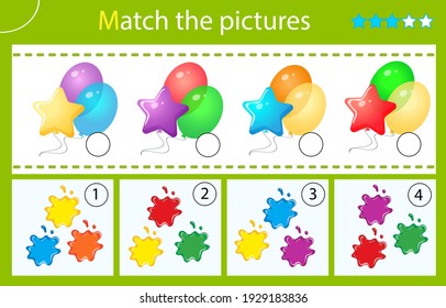 Match by color. Puzzle for kids. Matching game, education game for children. Multicolor balloons. Worksheet for preschoolers.