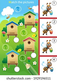 Match by color. Puzzle for kids. Matching game, education game for children. Bees and beehives. Worksheet for preschoolers.