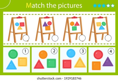 Match By Color And Shape. Puzzle For Kids. Matching Game, Education Game For Children. Easels With Geometric Shapes. Square, Circle, Triangle. Worksheet For Preschoolers.