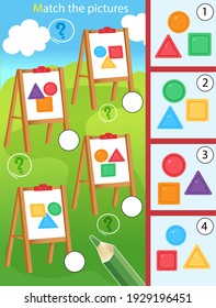 Match by color and shape. Puzzle for kids. Matching game, education game for children. Easels with geometric shapes. Square, circle, triangle. Worksheet for preschoolers.