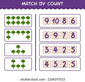 Match by count of cartoon broccoli. Match and count game. Educational game for pre shool years kids and toddlers