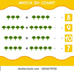 Match by count of cartoon broccolis. Match and count game. Educational game for pre shool years kids and toddlers
