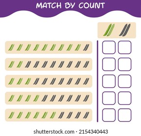 Match nach Anzahl der Cartoon grünen Erbsen. Match and count Game. Erziehungsspiel für Kinder und Kleinkinder im Vorschulalter