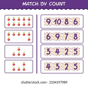 Match by count of cartoon radish. Match and count game. Educational game for pre shool years kids and toddlers