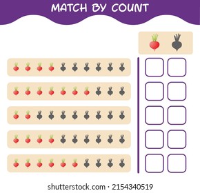 Match by count of cartoon radish. Match and count game. Educational game for pre shool years kids and toddlers
