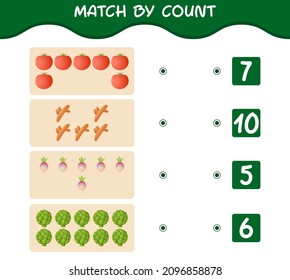 Match nach Anzahl der Cartoon-Gemüse. Match and count Game. Erziehungsspiel für Kinder und Kleinkinder im Vorschulalter