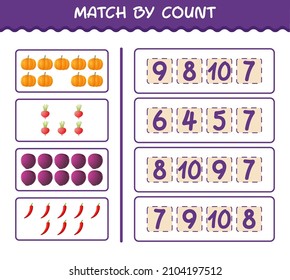 Match nach Anzahl der Cartoon-Gemüse. Match and count Game. Erziehungsspiel für Kinder und Kleinkinder im Vorschulalter