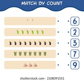 Match nach Anzahl der Cartoon-Gemüse. Match and count Game. Erziehungsspiel für Kinder und Kleinkinder im Vorschulalter