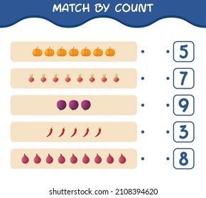 Match nach Anzahl der Cartoon-Gemüse. Match and count Game. Erziehungsspiel für Kinder und Kleinkinder im Vorschulalter