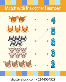 Match by count with different types of animals illustration