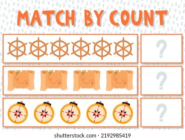 Match by count. Kids learning number material. Educational game for preschool children with different subjects. Cartoon vector illustration. Steering wheel, map, compass