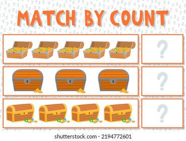 Match by count. Kids learning number material. Educational game for preschool children with different subjects. Cartoon vector illustration. Different treasure chests
