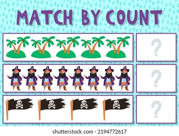 Match by count. Kids learning number material. Educational game for preschool children with different subjects. Cartoon vector illustration. Treasure island, pirate, flag