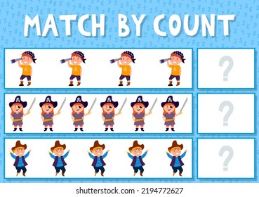 Match by count. Kids learning number material. Educational game for preschool children with different subjects. Cartoon vector illustration. Different pirates