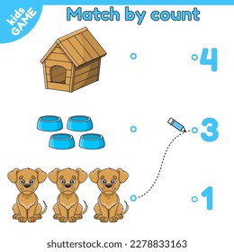 Match by count. Math game for children. Count and choose the correct number. Activity for kids. Worksheet for preschool and school education. Cartoon puppies and dog accessories. Vector illustration.