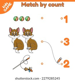 Match by count. Math game for kids. Count and choose the correct numbers. Page of activity book for kids. Task for preschool and school education. Cartoon kittens and cat toys. Vector illustration.