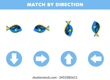 Match by direction left right up or down orientation of cute fish pet worksheet