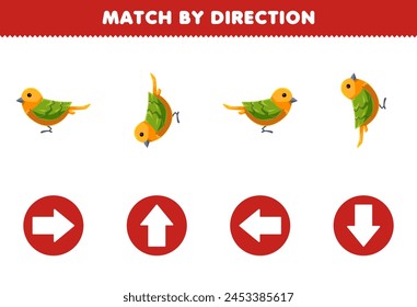 Match by direction left right up or down orientation of cute bird pet worksheet