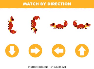 Match by direction left right up or down orientation of cute gecko pet worksheet