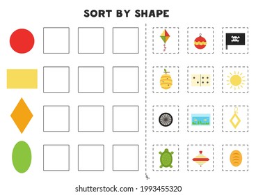 Match by shapes. Learning basic geometric shapes. Printable worksheet for preschool.