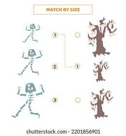 Match by size for cartoon 
skeleton and tree. Educational game for kids. Vector illustration.