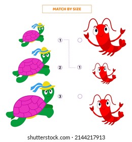 Match by size for cartoon 
turtle and shrimp. 