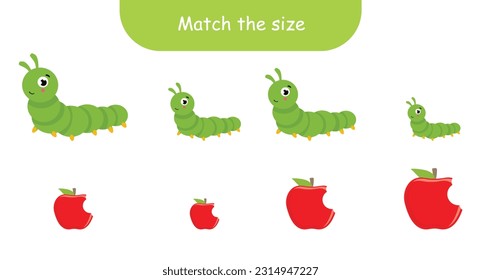 Match by size caterpillars and apples. Educational logical game for kids. Vector illustration