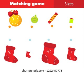 Match by size educational children game. Kids activity for Christmas and New Year.