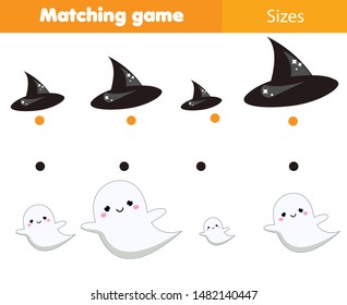 Match by size educational children game. Connect hats and ghosts. Halloween activity for kids