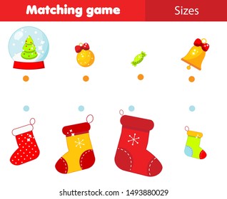 Match by size educational children game. Put gifts in Christmas stockings. New Year holidays theme activity for kids