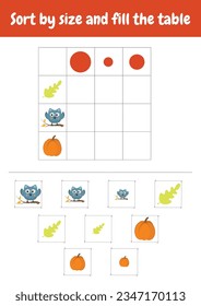 Match by size. Sort by size. Size sorting game. Kindergarten logic kid lessons, skill play puzzle for kids. Logical games for preschool, kindergarten learning, homeschooling. Autumn objects