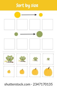 Match by size. Sort by size. Size sorting game. Kindergarten logic kid lessons, skill play puzzle for kids. Logical games for preschool, kindergarten learning, homeschooling. Autumn objects.