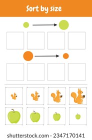 Match by size. Sort by size. Size sorting game. Kindergarten logic kid lessons, skill play puzzle for kids. Logical games for preschool, kindergarten learning, homeschooling. Autumn objects.