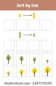 Match by size. Sort by size. Size sorting game. Kindergarten logic kid lessons, skill play puzzle for kids. Logical games for preschool, kindergarten learning, homeschooling. Autumn objects.